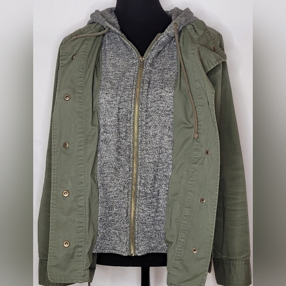 Active USA Green Gray Hooded Cinched Waist Utility Sweater / Jacket - Size M - Picture 5 of 13